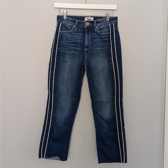 Paige Hoxton Stripe Jeans Size 26 High Waisted Straight Jeans Frayed Edge - Picture 2 of 9